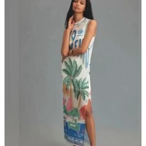 FARM Rio White Midi Dress with Green Palm Print and Blue Accent